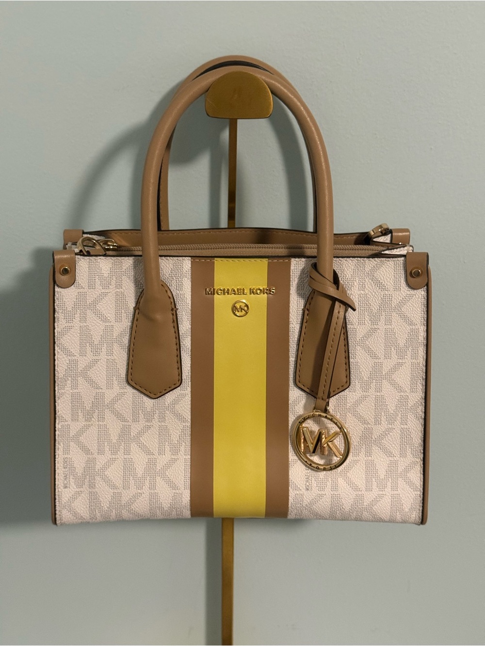 Michael Kors Beige and Yellow Stripe Satchel Handbag with Crossbody & bag charm!